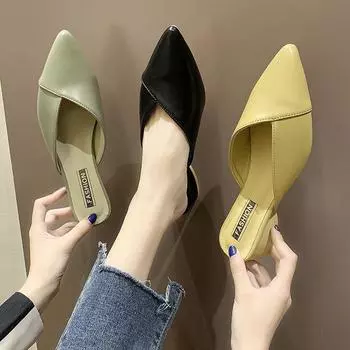 Летние полутапочки Baotou, женская модная верхняя одежда, острый грубый каблук, универсальные классные тапочки на низком каблуке 35 чёрный