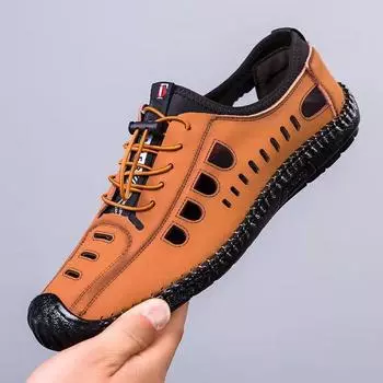 Летние полые мужские кожаные туфли, дышащие модные повседневные деловые сандалии, легкая мужская удобная обувь 39 чёрный