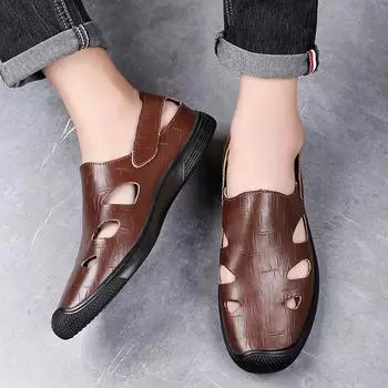 Летние полые мужские кожаные туфли на мягкой подошве, повседневные деловые мужские сандалии, дышащие офисные деловые легкие уличные туфли 37
