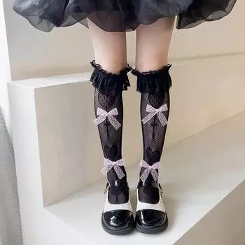Летние полые носки с бантом для детей, кружевные с оборками, JK для девочек, Лолита, длинные носки, тонкая сетка, дышащие, детские носки до колена 3-8 Years old