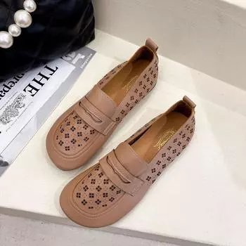 Летние полые ретро-лоферы в этническом стиле, маленькие кожаные туфли без шнуровки, женские туфли 35 чёрный
