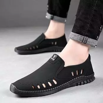 Летние полые сандалии, повседневная кожаная обувь, нескользящая удобная обувь для вождения на одной ноге, повседневная обувь 44 чёрный