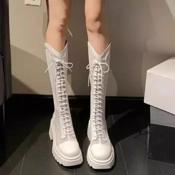 Летние популярные однотонные женские босоножки с круглым носком, квадратным каблуком, сетчатой шнуровкой, дышащей молнией сзади 35