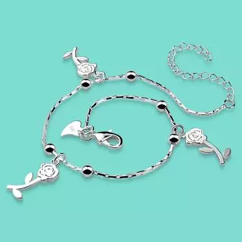 Летние популярные ювелирные изделия, женские браслеты из стерлингового серебра 925 пробы, подвеска в виде розы, серебряная цепочка 27 см, пляжные украшения на щиколотке, подарок