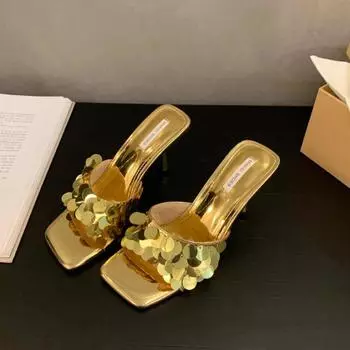 Летние популярные женские туфли на высоком каблуке и тапочки, модные и элегантные, с квадратным носком, универсальные серебристые женские туфли для отдыха на природе 35 серебряный