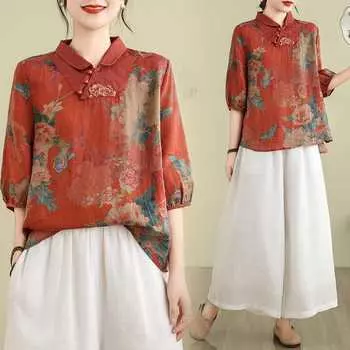 Летние повседневные блузки в китайском стиле с вышивкой, женские винтажные принты, свободные женские хлопковые топы с коротким рукавом, рубашки XXXL красный