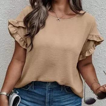 Летние повседневные большие размеры, свободные топы с круглым вырезом, женские модельеры, натуральный топ с рюшами и короткими рукавами, женская эстетичная однотонная тонкая блузка L серый