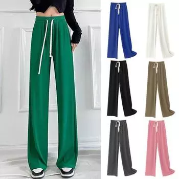 Летние повседневные брюки, эластичные длинные брюки с высокой талией и регулируемым шнурком, однотонные плиссированные прямые широкие брюки розовый