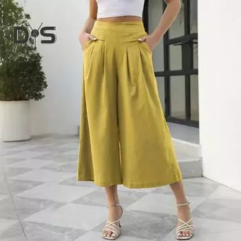 Летние повседневные брюки, эластичные широкие брюки с высокой талией, однотонные свободные плиссированные брюки, повседневная одежда XL армия зеленый