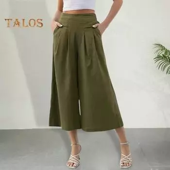 Летние повседневные брюки, эластичные широкие брюки с высокой талией, однотонные свободные плиссированные брюки, повседневная одежда XL армия зеленый