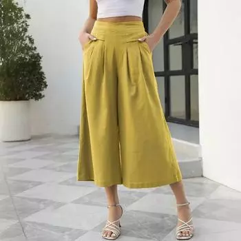 Летние повседневные брюки, эластичные широкие брюки с высокой талией, однотонные свободные плиссированные брюки, повседневная одежда L чёрный