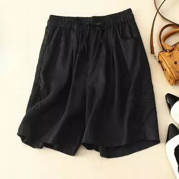 Летние повседневные брюки из хлопка и льна, женские кружевные широкие брюки, тонкие эластичные шорты с резинкой на талии XXXL чёрный