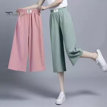 Летние повседневные брюки из ледяного шелка с эластичными карманами на талии, укороченные брюки, однотонные, широкие брюки, свободный крой, брюки длиной до середины икры, уличная одежда M зелёный