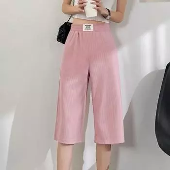 Летние повседневные брюки из ледяного шелка с эластичными карманами на талии, укороченные брюки, сплошной цвет, широкие брюки M зелёный