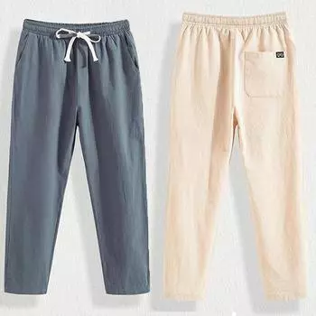 Летние повседневные брюки, мужские свободные льняные брюки из дикого хлопка и льна, трендовые прямые брюки с девятью точками в корейском стиле M белый
