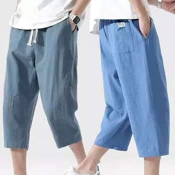 Летние повседневные брюки, мужские свободные льняные брюки из дикого хлопка и льна, трендовые прямые брюки с девятью точками в корейском стиле M чёрный