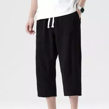 Летние повседневные брюки, мужские свободные льняные брюки из дикого хлопка и льна, трендовые прямые брюки с девятью точками в корейском стиле M светло-серый