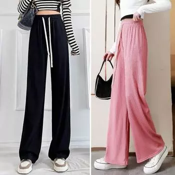 Летние повседневные брюки с регулируемой талией и шнурком, цветные плиссированные длинные брюки, однотонные эластичные высокие прямые широкие брюки хаки