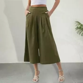 Летние повседневные брюки с широкими штанинами и широкими штанинами, однотонные эластичные брюки с высокой плиссировкой XL армия зеленый