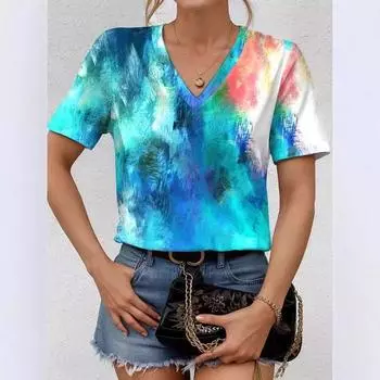 Летние повседневные цветные элегантные женские футболки с V-образным вырезом и короткими рукавами для поездок на работу, женская футболка с 3D-принтом S
