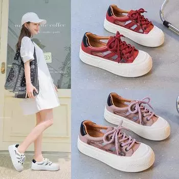 Летние повседневные дышащие кроссовки на толстой подошве с полой подошвой и шнуровкой, женская обувь большого размера 35 красный