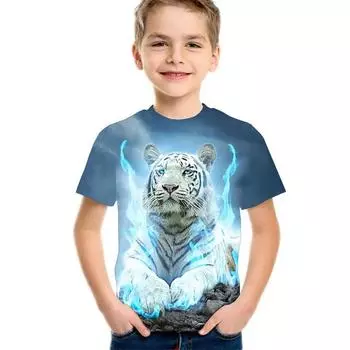 Летние повседневные футболки для мальчиков с короткими рукавами, свободная футболка с 3D рисунком, детская одежда, детская футболка с забавными животными 110