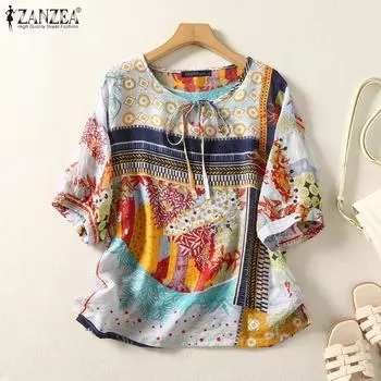 Летние повседневные футболки с коротким рукавом ZANZEA с этническим принтом S жёлтый