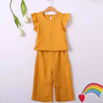 Летние повседневные футболки с расклешенными рукавами для маленьких девочек, топы + укороченные брюки, костюмы, комплект костюмов 120 оранжевый