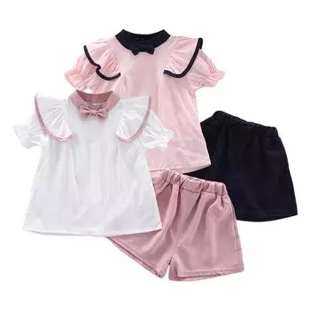 Летние повседневные футболки с расклешенными рукавами для маленьких девочек, топы + шорты, костюмы, комплект костюмов 110