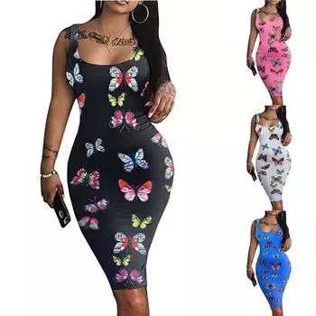 Летние повседневные карманные платья, женское пляжное свободное платье без рукавов с цветочным принтом в стиле ретро XL синий