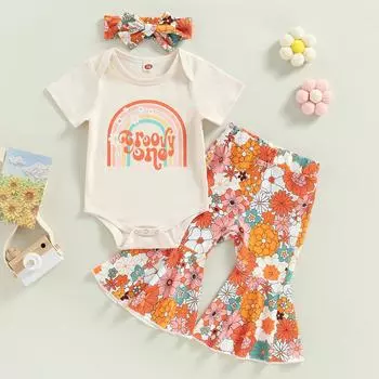 Летние повседневные комплекты одежды для маленьких девочек: белый комбинезон с короткими рукавами и буквенным принтом + расклешенные брюки с цветочным принтом + повязка на голову 12-18 Months белый