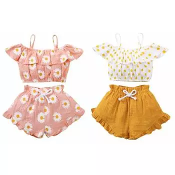 Летние повседневные комплекты одежды из 2 предметов, повседневная рубашка с рукавами с рюшами и подсолнухом для маленьких девочек, топ + шорты, брюки, наряды XXL розовый