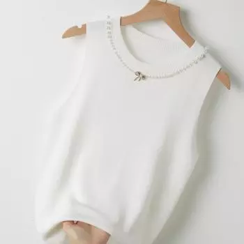 Летние повседневные майки без рукавов с бисером, женские облегающие однотонные круглые майки с бантом, новые модные женские майки, элегантные офисные женские майки 26236 One Size чёрный