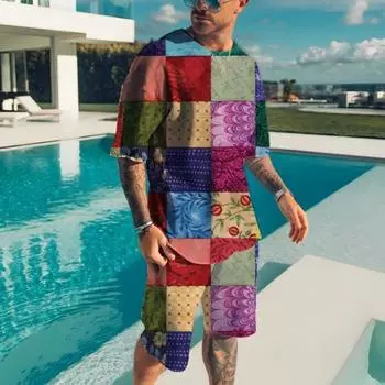 Летние повседневные мужские костюмы, комплект из 2 предметов с 3D принтом, спортивные костюмы с короткими рукавами, спортивная одежда, мужские футболки, костюмы, спортивная одежда, уличная одежда S