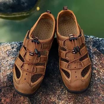 Летние повседневные мужские мокасины, летние роскошные сандалии 2024 года, новые мужские дышащие пляжные туфли из натуральной кожи, нескользящие мужские туфли 38 чёрный