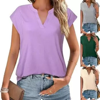 Летние повседневные однотонные свободные футболки с V-образным вырезом и короткими рукавами для женщин M лавандовый