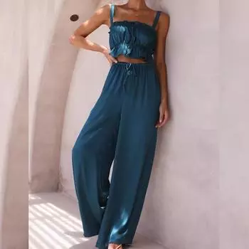 Летние повседневные однотонные свободные широкие брюки для женщин, сексуальные топы с разрезом, модные мешковатые костюмные брюки из двух предметов на шнуровке 25111 S тёмно-синий