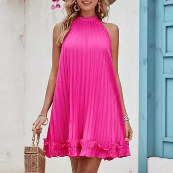 Летние повседневные платья без рукавов для женщин, однотонное платье с бретелькой на шее, розовое платье Барби, свободное платье, мини-платье, струящееся плиссированное пляжное платье, сарафан S розовый