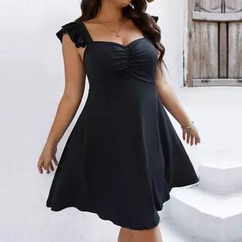 Летние повседневные платья без рукавов для женщин, однотонное платье, женское черное платье с квадратным вырезом, платье с высокой талией, модное платье для пригородных поездок XL чёрный