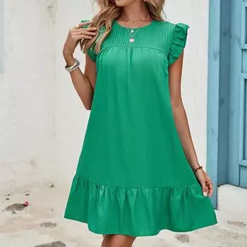 Летние повседневные платья без рукавов для женщин. Базовая одежда. Женское однотонное платье с круглым вырезом. Платье с высокой талией. Складное дизайнерское платье. Пляжное платье. S зелёный