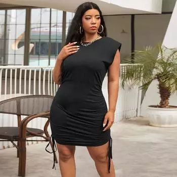 Летние повседневные платья без рукавов для женщин, однотонное платье с завязками на шнурке, женское платье с круглым вырезом, черное платье с высокой талией, вечернее коктейльное платье L чёрный