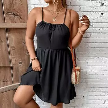 Летние повседневные платья без рукавов с открытой спиной для женщин, сетчатое однотонное платье, женское черное платье на тонких бретельках, свободное платье с высокой талией, пляжное платье XL чёрный