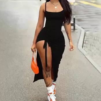 Летние повседневные платья без рукавов с квадратным вырезом для женщин, однотонное обтягивающее платье с разрезом по бокам, женское платье с высокой талией, вечернее платье S чёрный