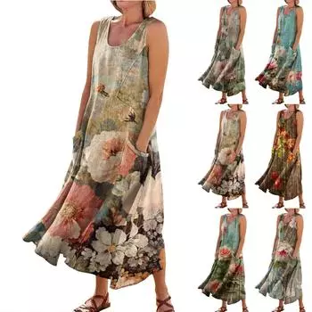 Летние повседневные платья для женщин, сарафан без рукавов с цветочным принтом, плиссированная футболка, хлопковое платье с карманами L коричневый