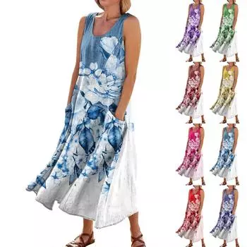 Летние повседневные платья для женщин, сарафан без рукавов с цветочным принтом, плиссированная футболка, хлопковое платье с карманами L синий