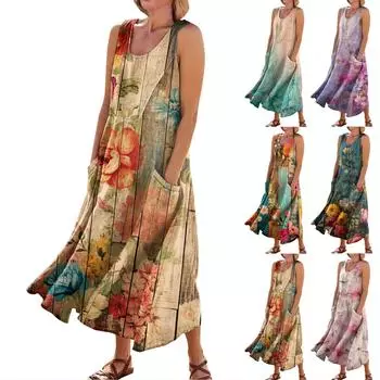 Летние повседневные платья для женщин, сарафан без рукавов с цветочным принтом, плиссированная футболка, хлопковое платье с карманами L темно-синий