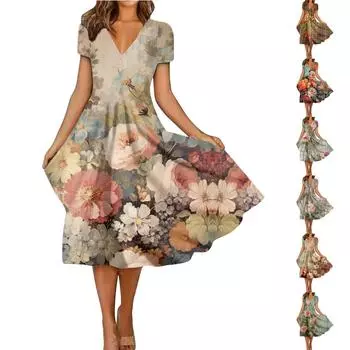 Летние повседневные платья для женщин, свободный сарафан с коротким рукавом, платье-футболка с цветочным принтом XXL