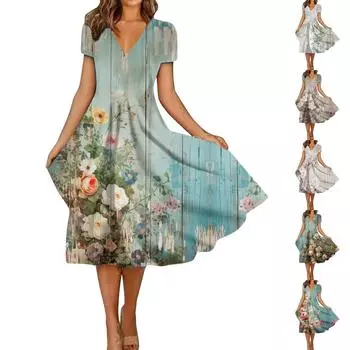 Летние повседневные платья для женщин, свободный сарафан с коротким рукавом, платье-футболка с цветочным принтом M белый