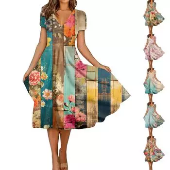 Летние повседневные платья для женщин, свободный сарафан с коротким рукавом, платье-футболка с цветочным принтом XL розовый