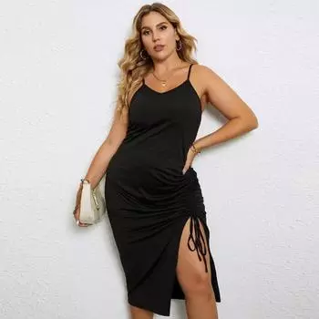 Летние повседневные платья на тонких бретельках, однотонное платье, женское платье больших размеров без рукавов, черное платье, плотное платье с высокой талией на шнуровке, пляжное платье XL чёрный